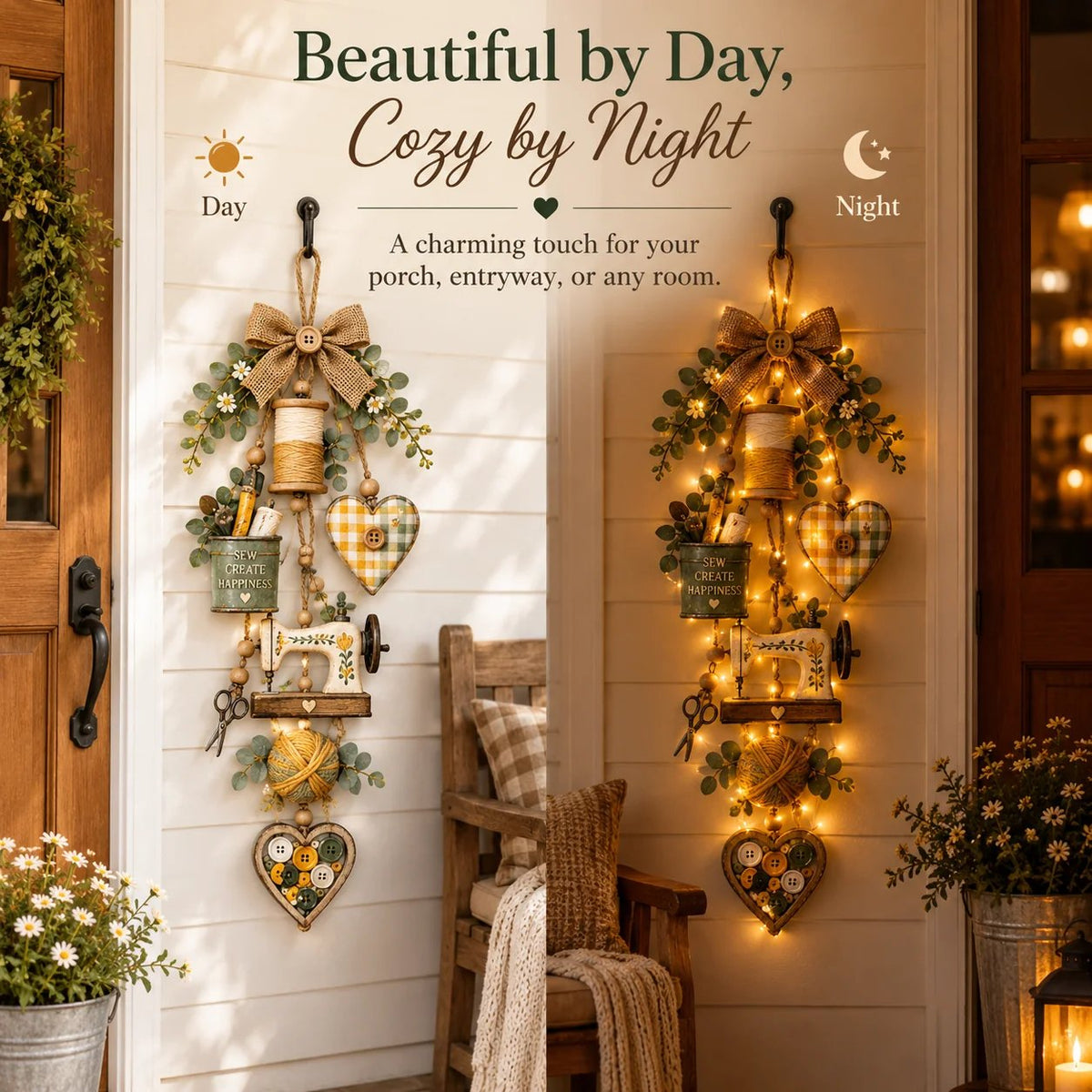 β¨π§΅ Rustic Wooden Sewing - Themed Hanging Ornament with Remote Control Fairy Lights