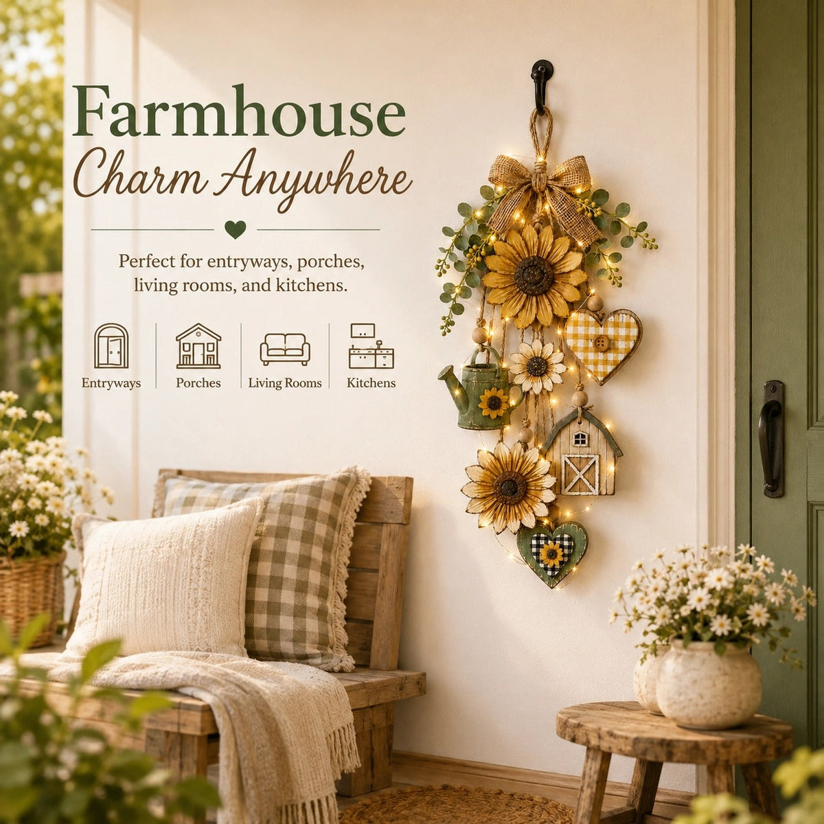 🌻 Lighted Wooden Garden Hanging Ornament – Rustic Charm with Remote Control