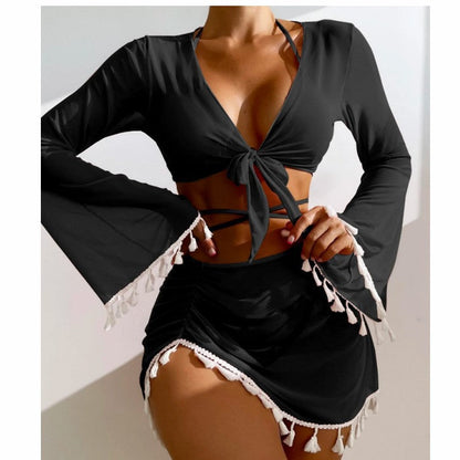 Women's Elegant 4 Piece Bikini Set with Fringe Cover Up & Mesh Skirt – Modest Beach Swimsuit for Summer Vacation