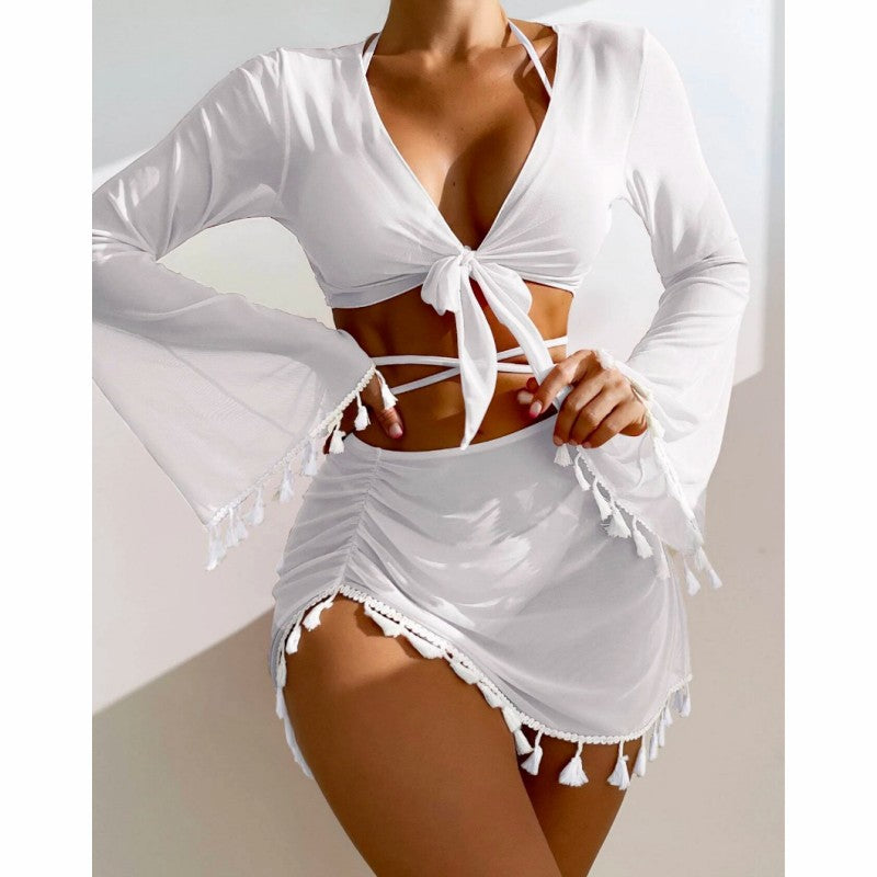 Women's Elegant 4 Piece Bikini Set with Fringe Cover Up & Mesh Skirt – Modest Beach Swimsuit for Summer Vacation