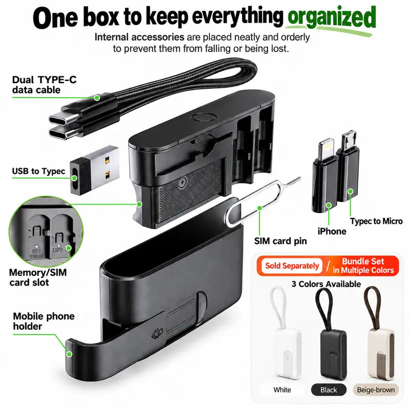 🔌 Pocket Travel Cable Kit – USB-C Cable，3 Adapters，SIM/TF Storage & Phone Stand