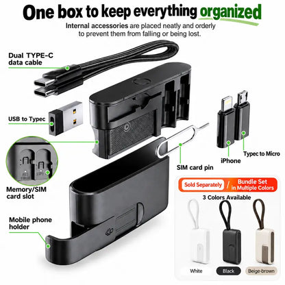 🔌 Pocket Travel Cable Kit – USB-C Cable，3 Adapters，SIM/TF Storage & Phone Stand