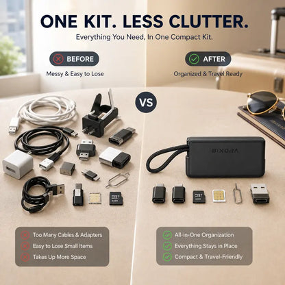 🔌 Pocket Travel Cable Kit – USB-C Cable，3 Adapters，SIM/TF Storage & Phone Stand