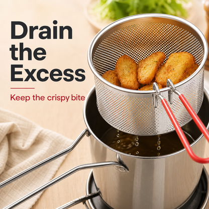 2026🔥🍟 Personal Mini Deep Fryer Set - Stainless Steel Pot with Lift-Out Draining Basket &Food Tongs