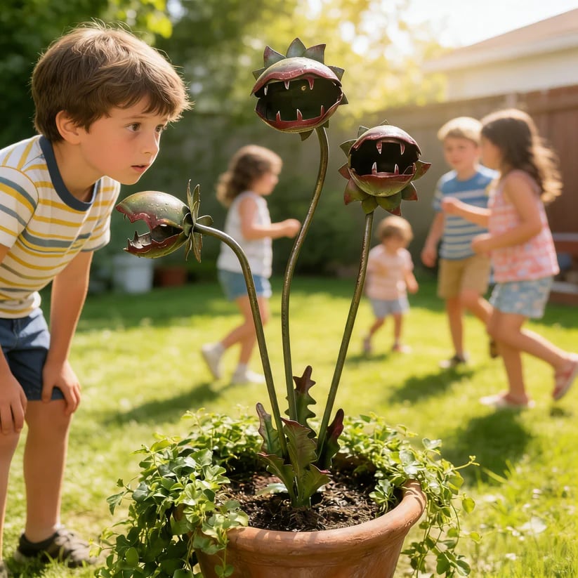 Whimsical Metal Carnivorous Plant Garden Stake – Fantasy Outdoor Yard Decor