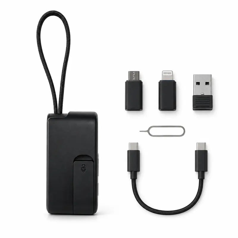 🔌 Pocket Travel Cable Kit – USB-C Cable，3 Adapters，SIM/TF Storage & Phone Stand