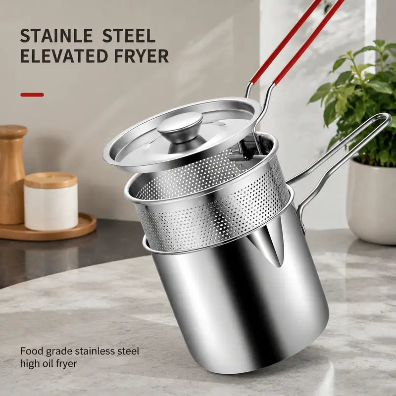 2026🔥🍟 Personal Mini Deep Fryer Set - Stainless Steel Pot with Lift-Out Draining Basket &Food Tongs