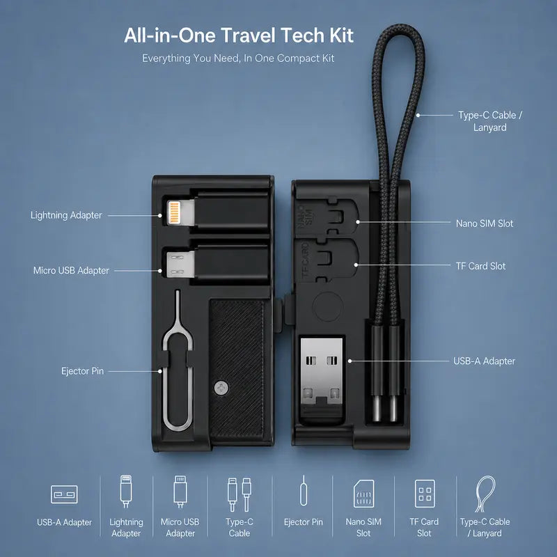 🔌 Pocket Travel Cable Kit – USB-C Cable，3 Adapters，SIM/TF Storage & Phone Stand