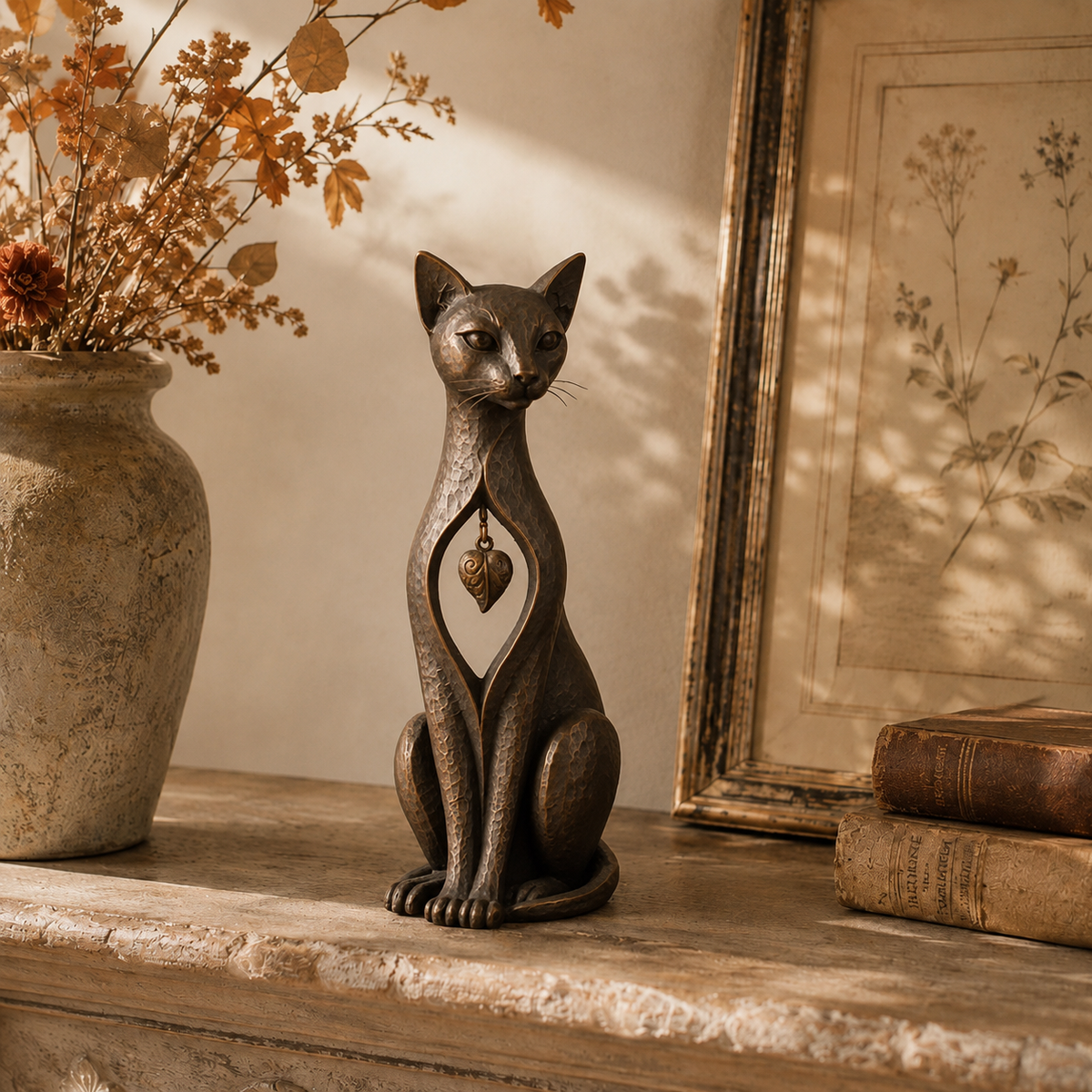Heritage Heart Sphynx Sculpture – Vintage Iron Cat Accent for Timeless Interiors