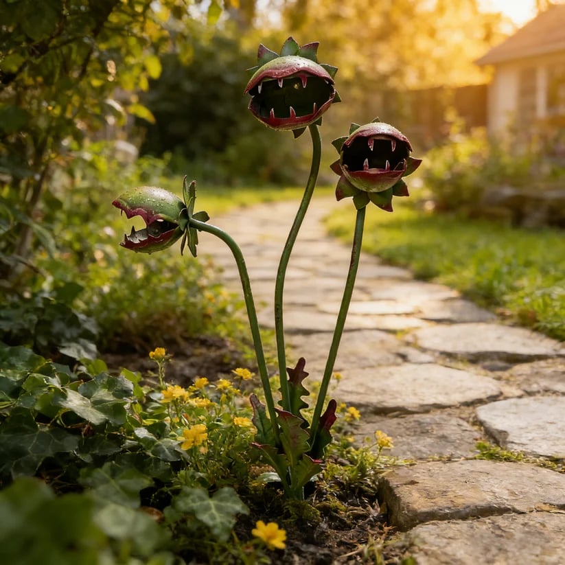 Whimsical Metal Carnivorous Plant Garden Stake – Fantasy Outdoor Yard Decor