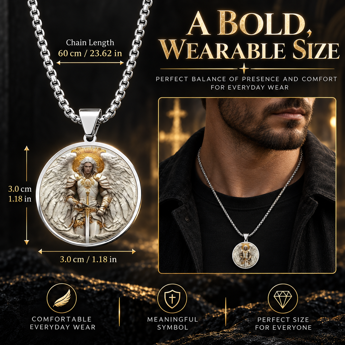 Angel Warrior Pendant Necklace for Men — Faith，Strength & Protection