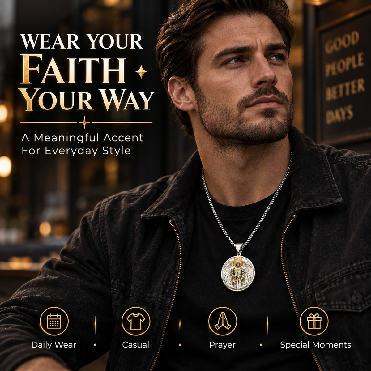 Angel Warrior Pendant Necklace for Men — Faith，Strength & Protection