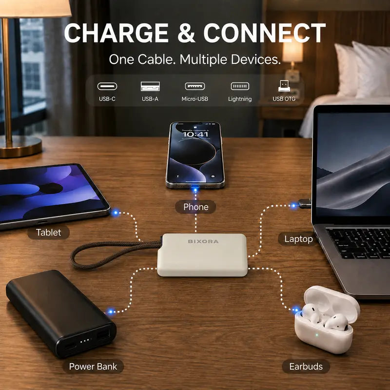 🔌 Pocket Travel Cable Kit – USB-C Cable，3 Adapters，SIM/TF Storage & Phone Stand