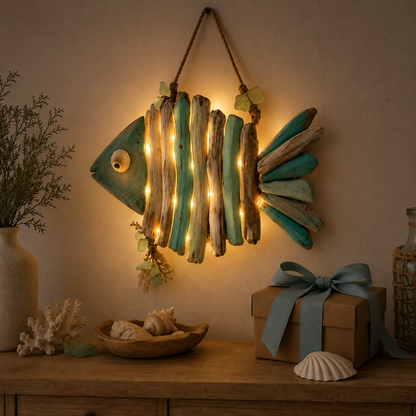 🌊 Lighted Coastal Fish Wall Decor | Driftwood LED Art with Remote & 8 Modes