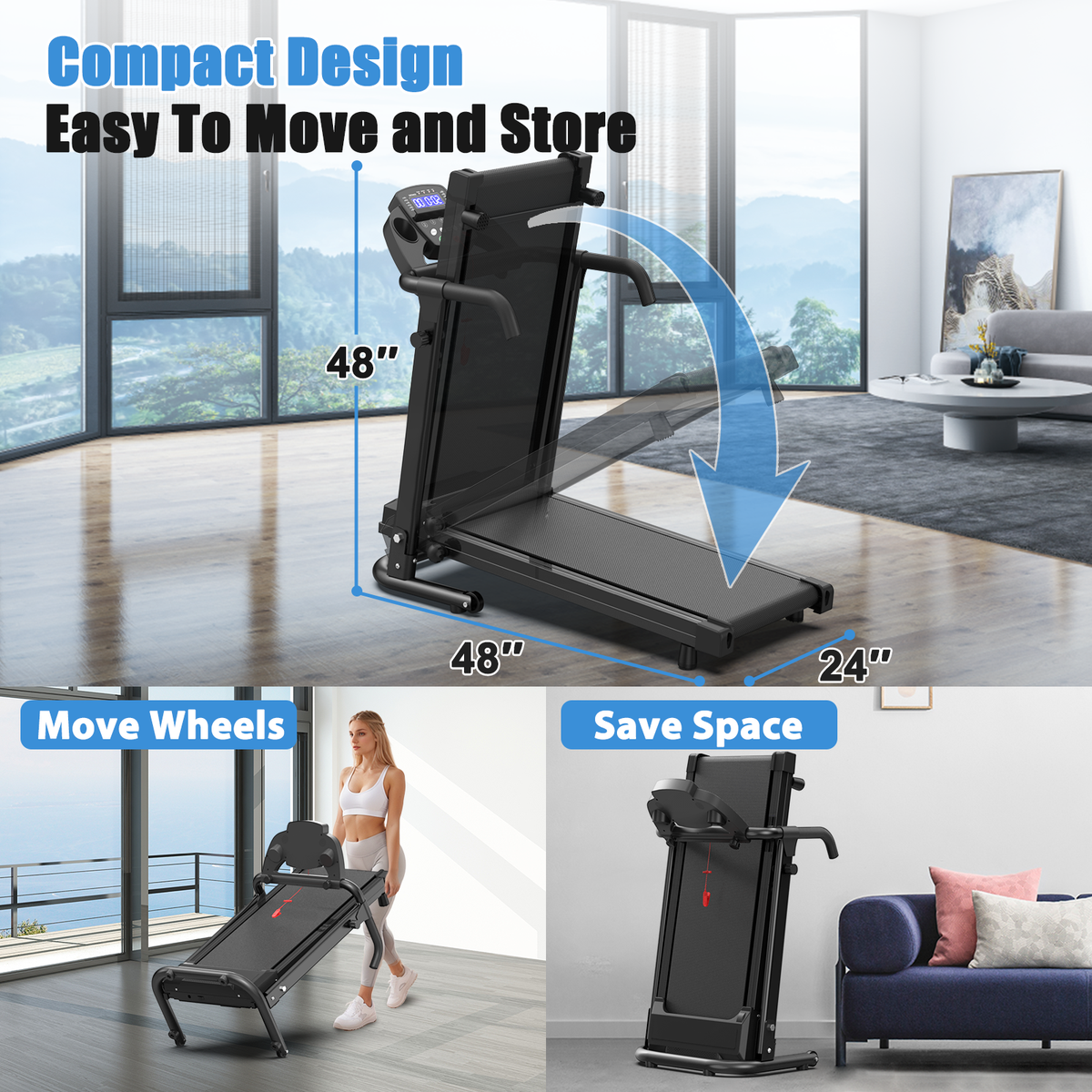 Foldable Treadmill for Home, 2.5HP Portable Treadmill with Handles, 300 lbs Capacity, APP Control & LED Display - Black Steel Fitness Walking， Free Shipping